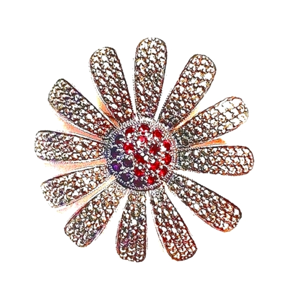 MARCISITE STERLING SILVER BROOCH,DAISY, RED CENTER STONES